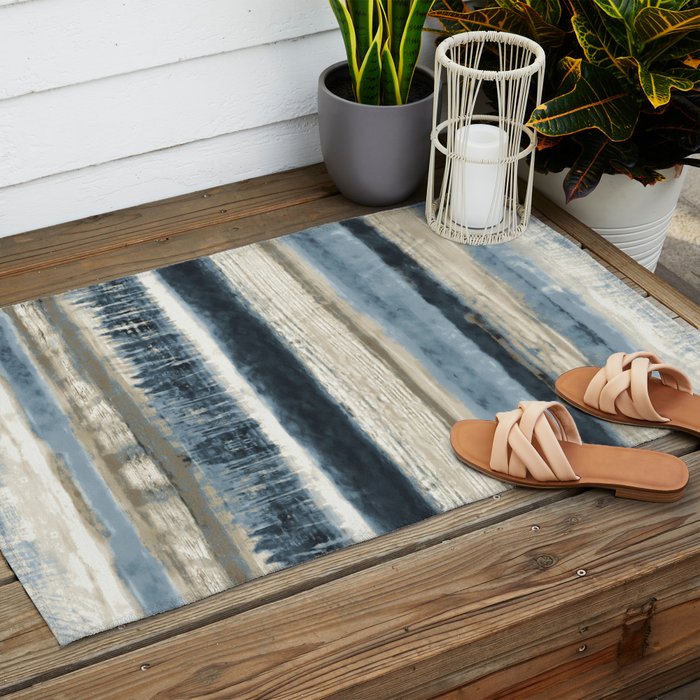 Distressed Blue and White Watercolor Stripe Outdoor Rug Gallery Image 2