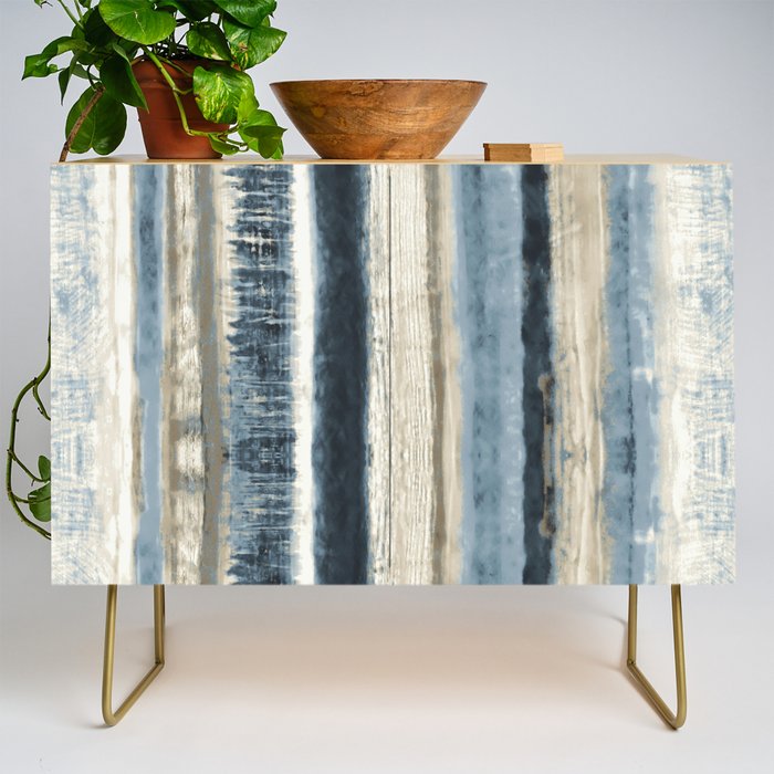 Distressed Blue and White Watercolor Stripe Credenza Gallery Image 1