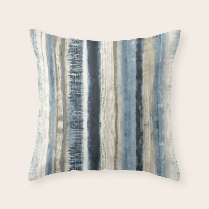 Distressed Blue and White Watercolor Stripe Throw Pillow Gallery Image 1
