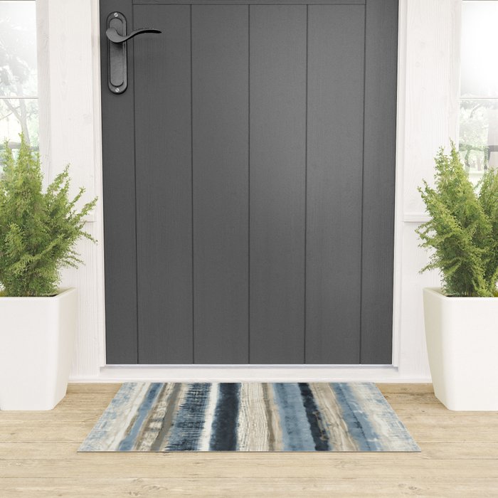 Distressed Blue and White Watercolor Stripe Welcome Mat Gallery Image 3