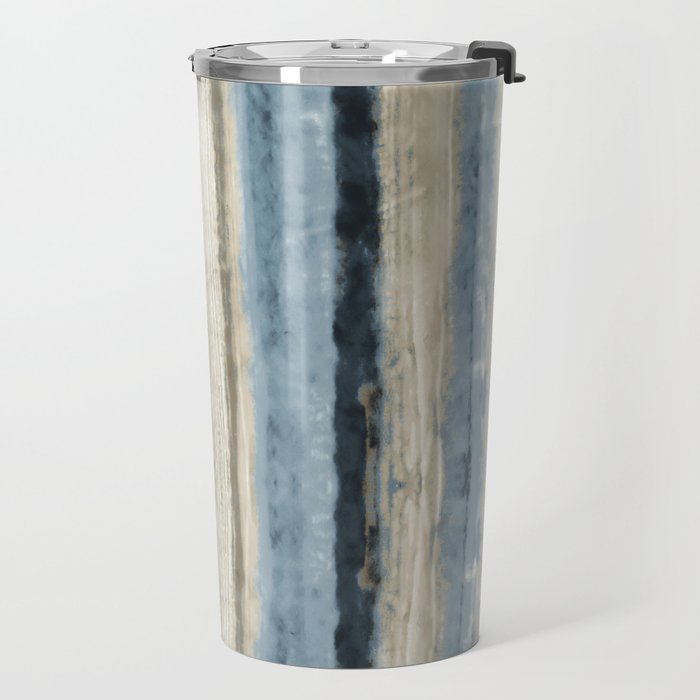 Distressed Blue and White Watercolor Stripe Travel Mug Gallery Image 2