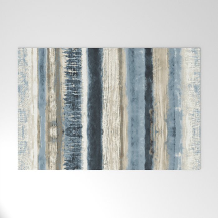 Distressed Blue and White Watercolor Stripe Welcome Mat Gallery Image 1