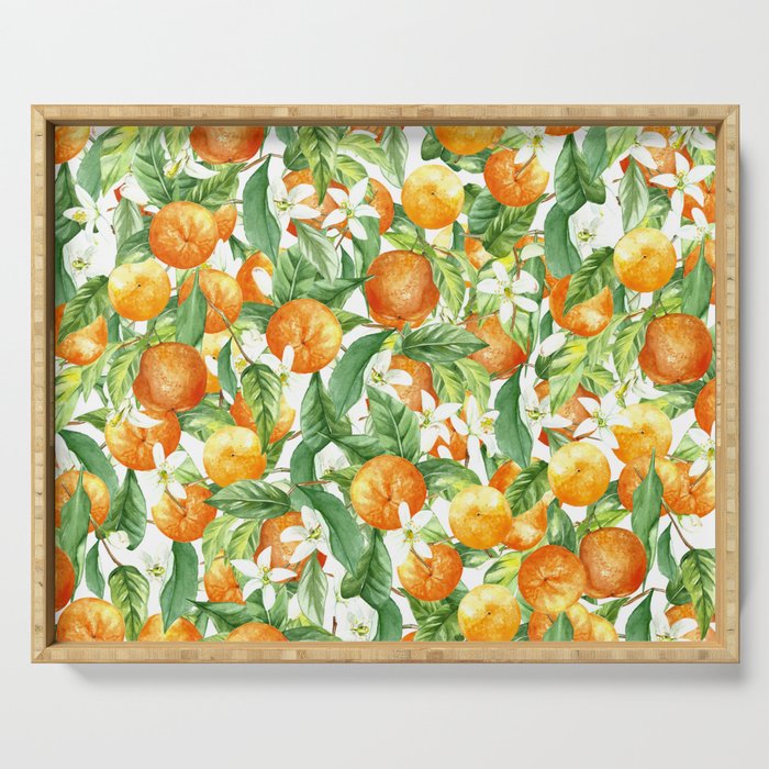 Festive, Oranges, Floral Prints, Orange and Green, Watercolor Serving Tray Gallery Image 1