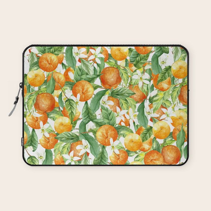Festive, Oranges, Floral Prints, Orange and Green, Watercolor Laptop Sleeve Gallery Image 1
