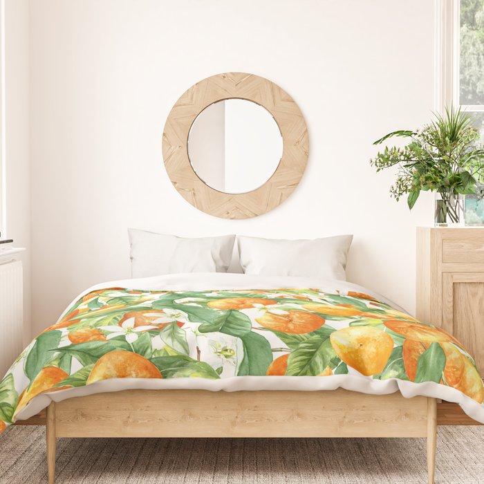 Festive, Oranges, Floral Prints, Orange and Green, Watercolor Duvet Cover Gallery Image 3