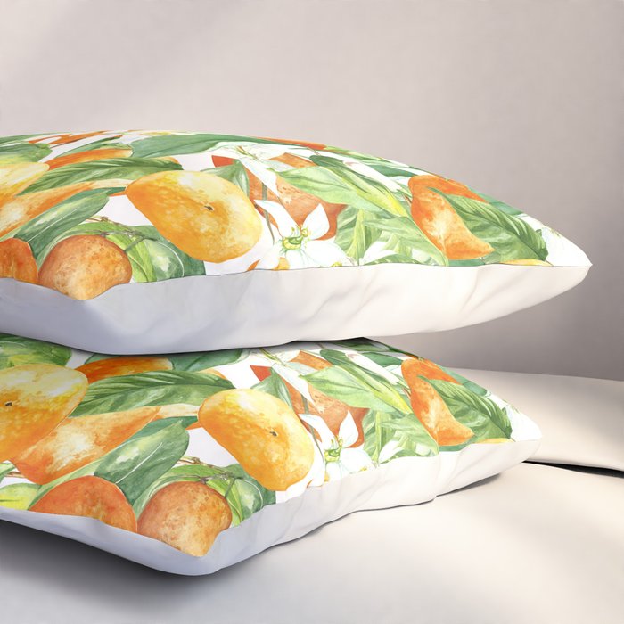 Festive, Oranges, Floral Prints, Orange and Green, Watercolor Pillow Sham Gallery Image 3