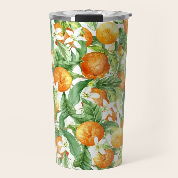 Festive, Oranges, Floral Prints, Orange and Green, Watercolor Travel Mug Gallery Image 1