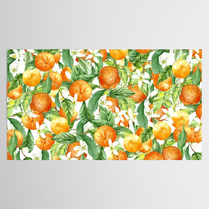 Festive, Oranges, Floral Prints, Orange and Green, Watercolor Tablecloth Gallery Image 2