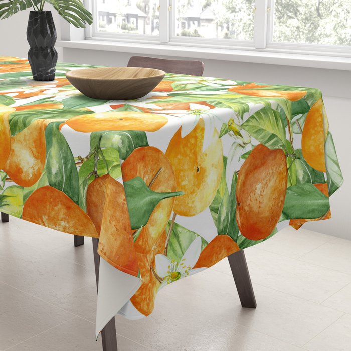 Festive, Oranges, Floral Prints, Orange and Green, Watercolor Tablecloth Gallery Image 3
