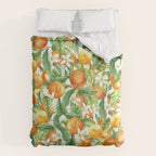 Festive, Oranges, Floral Prints, Orange and Green, Watercolor Comforter Gallery Image 6