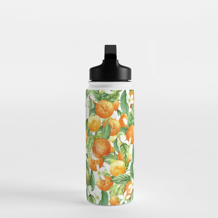 Festive, Oranges, Floral Prints, Orange and Green, Watercolor Water Bottle Gallery Image 3