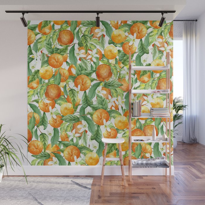 Festive, Oranges, Floral Prints, Orange and Green, Watercolor Wall Mural Gallery Image 1