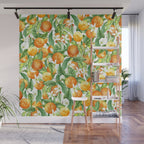 Festive, Oranges, Floral Prints, Orange and Green, Watercolor Wall Mural Gallery Image 1