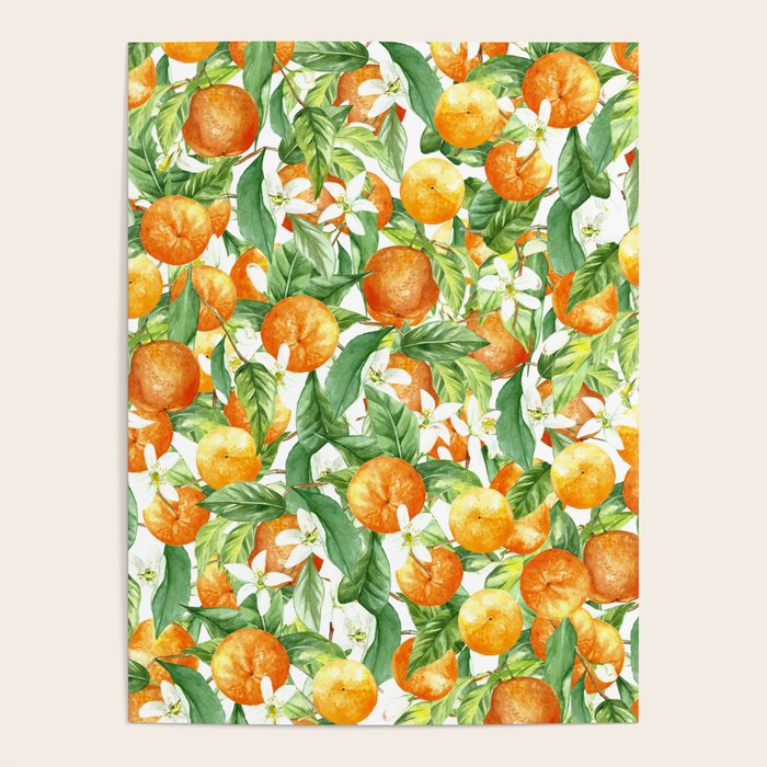 Festive, Oranges, Floral Prints, Orange and Green, Watercolor Poster Gallery Image 1