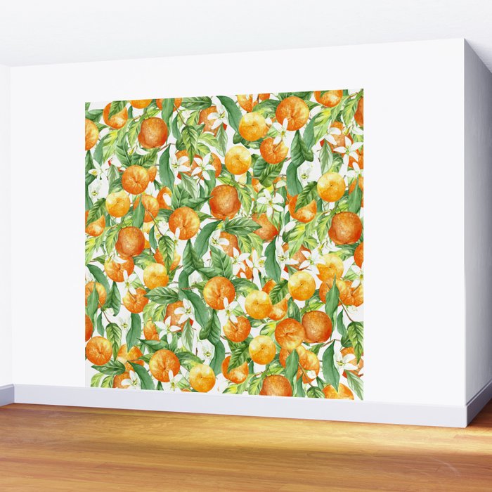 Festive, Oranges, Floral Prints, Orange and Green, Watercolor Wall Mural Gallery Image 2