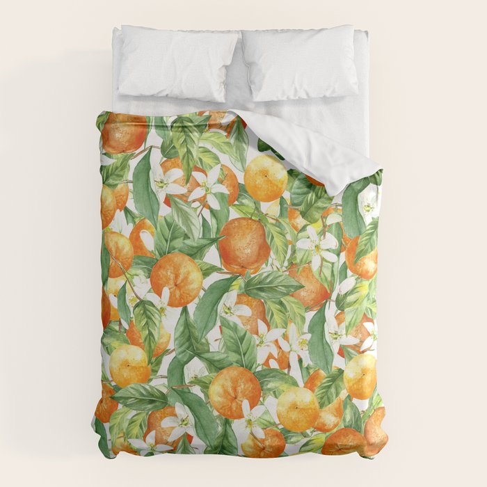 Festive, Oranges, Floral Prints, Orange and Green, Watercolor Duvet Cover Gallery Image 1