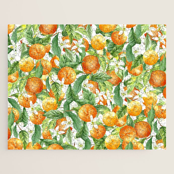 Festive, Oranges, Floral Prints, Orange and Green, Watercolor Jigsaw Puzzle Gallery Image 1