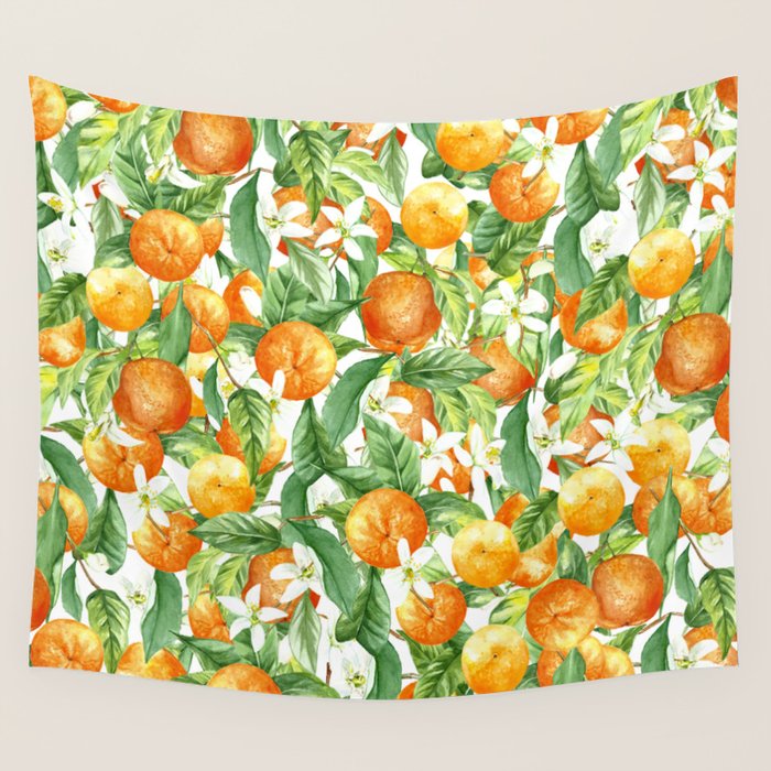 Festive, Oranges, Floral Prints, Orange and Green, Watercolor Wall Tapestry Gallery Image 1