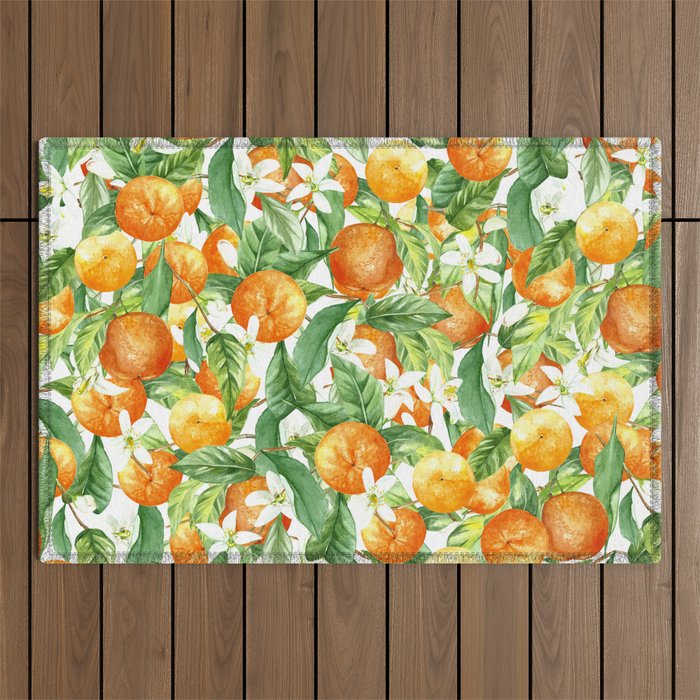 Festive, Oranges, Floral Prints, Orange and Green, Watercolor Outdoor Rug Gallery Image 1