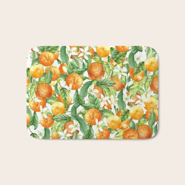 Festive, Oranges, Floral Prints, Orange and Green, Watercolor Bath Mat Gallery Image 1