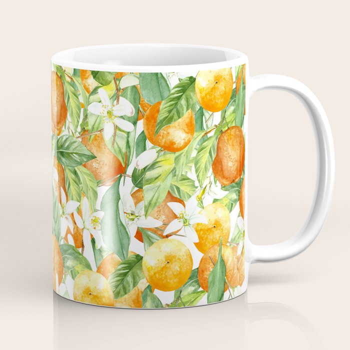 Festive, Oranges, Floral Prints, Orange and Green, Watercolor Coffee Mug Gallery Image 1