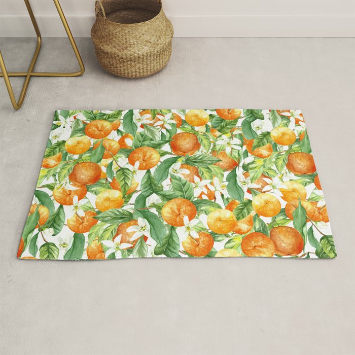 Festive, Oranges, Floral Prints, Orange and Green, Watercolor Rug Gallery Image 1