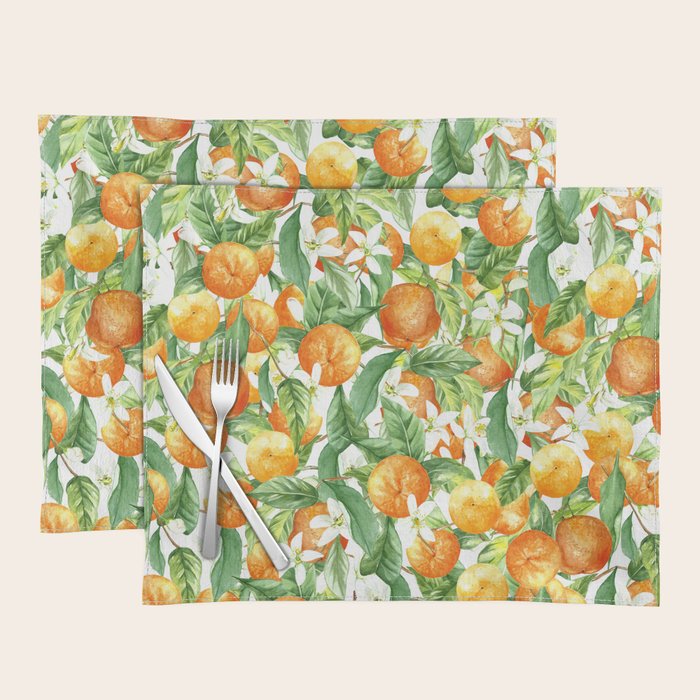 Festive, Oranges, Floral Prints, Orange and Green, Watercolor Placemat Gallery Image 1