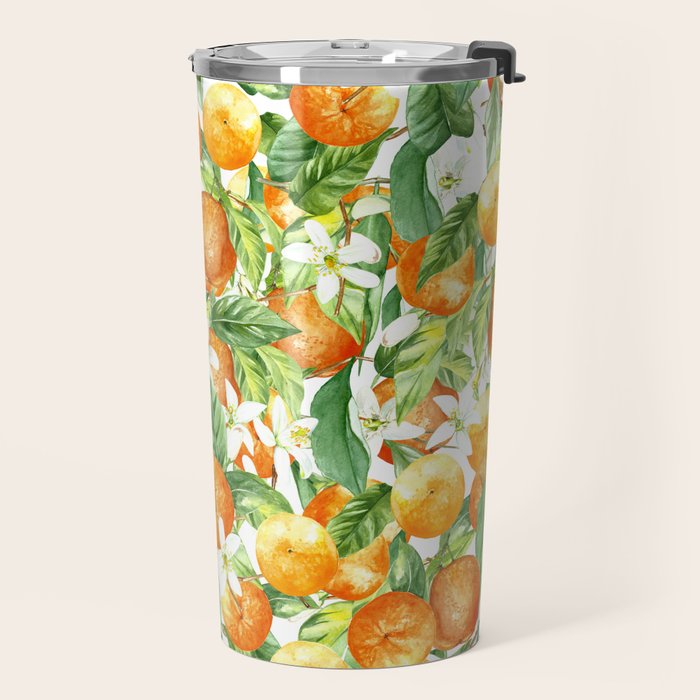 Festive, Oranges, Floral Prints, Orange and Green, Watercolor Travel Mug Gallery Image 2