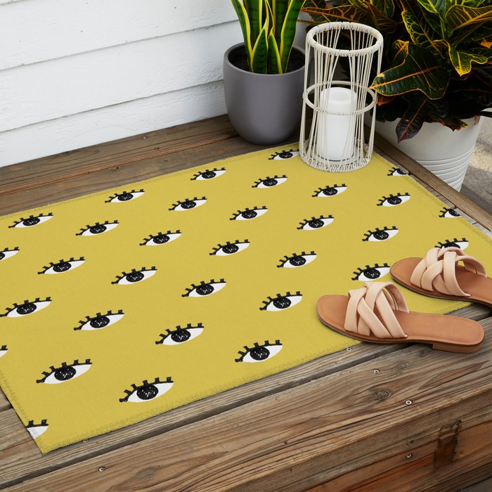Inky Textured Eye Pattern - Olive Oil Outdoor Rug Gallery Image 2