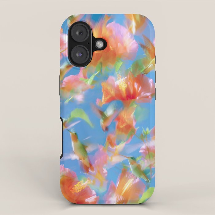 Hummingbird Bloom Blurred Hibiscus Flowers in Sky Blue iPhone Case Gallery Image 1