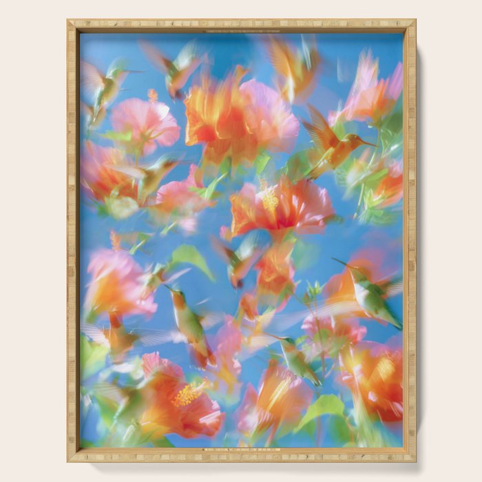 Hummingbird Bloom Blurred Hibiscus Flowers in Sky Blue Serving Tray Gallery Image 1