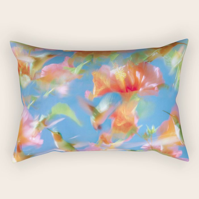 Hummingbird Bloom Blurred Hibiscus Flowers in Sky Blue Rectangular Pillow Gallery Image 1