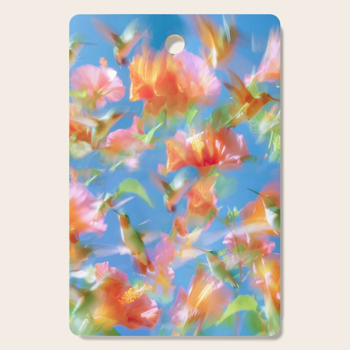 Hummingbird Bloom Blurred Hibiscus Flowers in Sky Blue Cutting Board Gallery Image 1