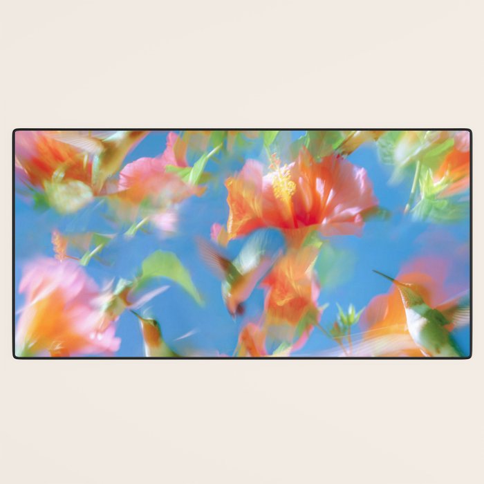 Hummingbird Bloom Blurred Hibiscus Flowers in Sky Blue Desk Mat Gallery Image 3