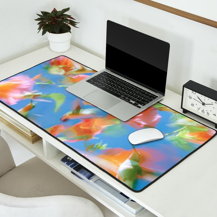 Hummingbird Bloom Blurred Hibiscus Flowers in Sky Blue Desk Mat Gallery Image 2