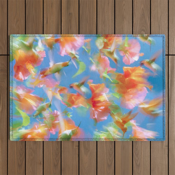 Hummingbird Bloom Blurred Hibiscus Flowers in Sky Blue Outdoor Rug Gallery Image 1