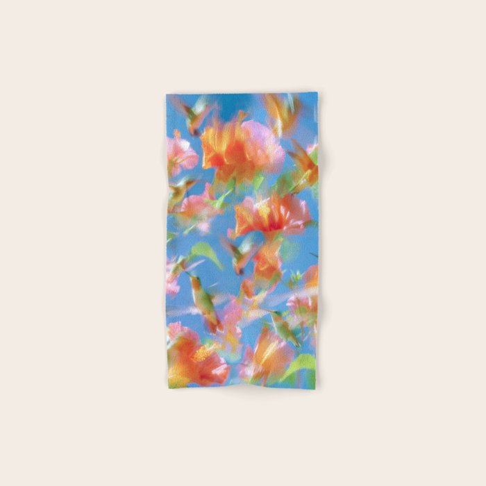 Hummingbird Bloom Blurred Hibiscus Flowers in Sky Blue Bath Towel Gallery Image 1
