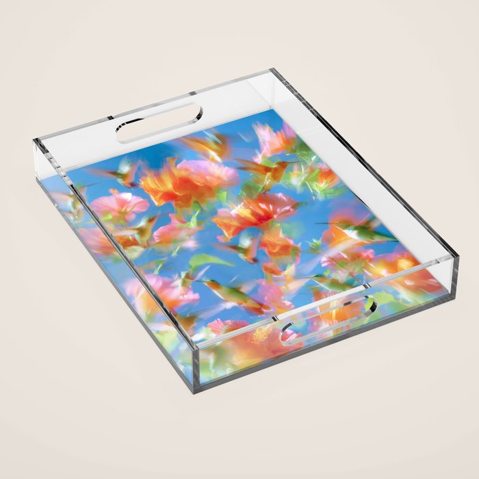 Hummingbird Bloom Blurred Hibiscus Flowers in Sky Blue Acrylic Tray Gallery Image 1