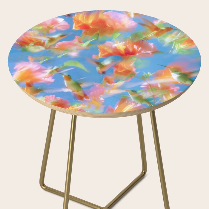 Hummingbird Bloom Blurred Hibiscus Flowers in Sky Blue Side Table Gallery Image 2