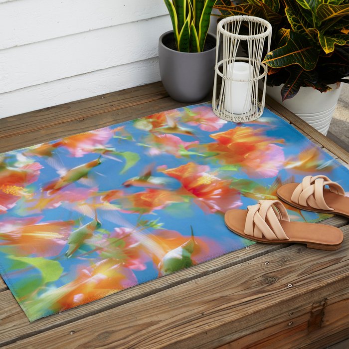 Hummingbird Bloom Blurred Hibiscus Flowers in Sky Blue Outdoor Rug Gallery Image 2