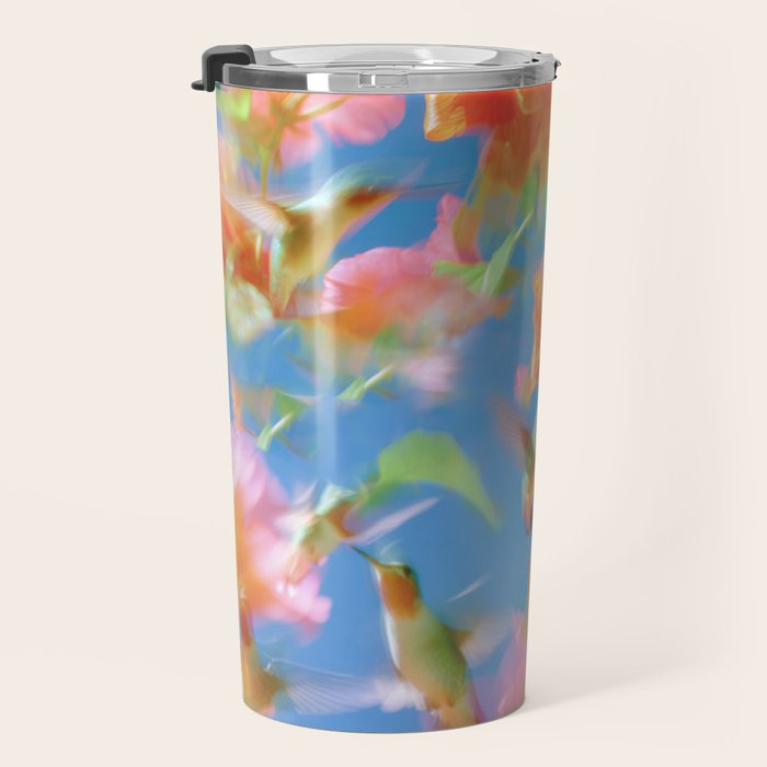 Hummingbird Bloom Blurred Hibiscus Flowers in Sky Blue Travel Mug Gallery Image 3
