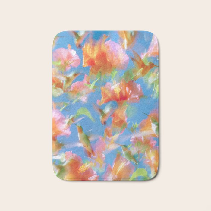 Hummingbird Bloom Blurred Hibiscus Flowers in Sky Blue Bath Mat Gallery Image 1