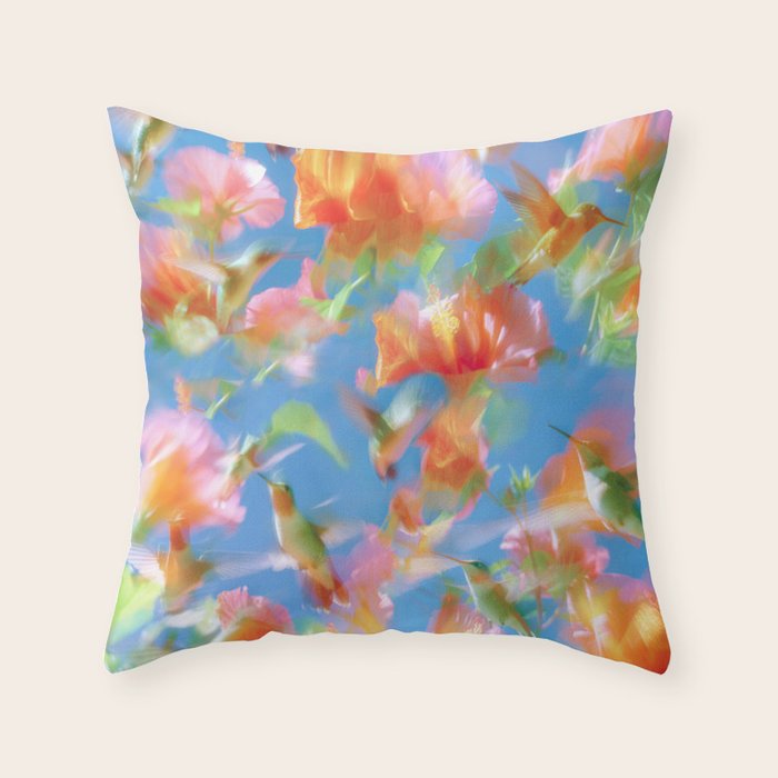 Hummingbird Bloom Blurred Hibiscus Flowers in Sky Blue Throw Pillow Gallery Image 1