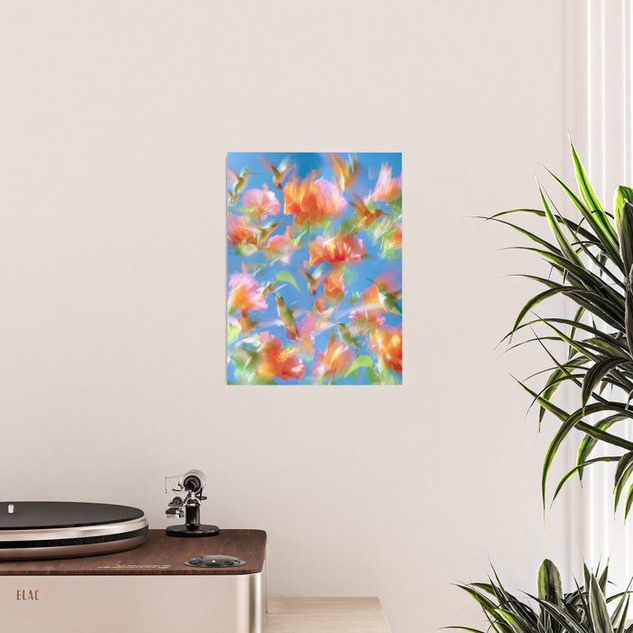 Hummingbird Bloom Blurred Hibiscus Flowers in Sky Blue Poster Gallery Image 2