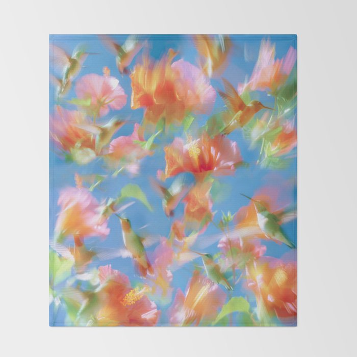 Hummingbird Bloom Blurred Hibiscus Flowers in Sky Blue Throw Blanket Gallery Image 2