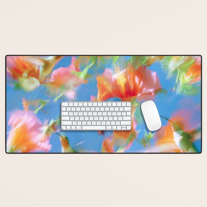Hummingbird Bloom Blurred Hibiscus Flowers in Sky Blue Desk Mat Gallery Image 1