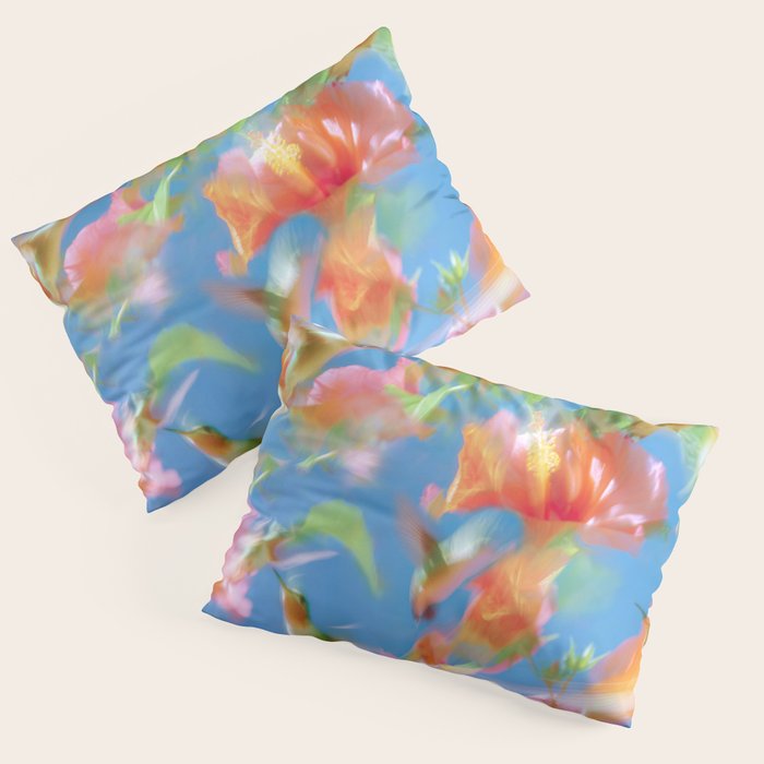 Hummingbird Bloom Blurred Hibiscus Flowers in Sky Blue Pillow Sham Gallery Image 3