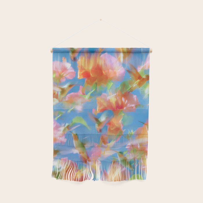 Hummingbird Bloom Blurred Hibiscus Flowers in Sky Blue Wall Hanging Gallery Image 1