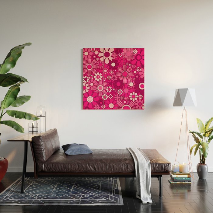 Retro Garden Gingham Flowers Hot Pink Magenta Abstract Floral Pattern Wood Wall Art Gallery Image 2