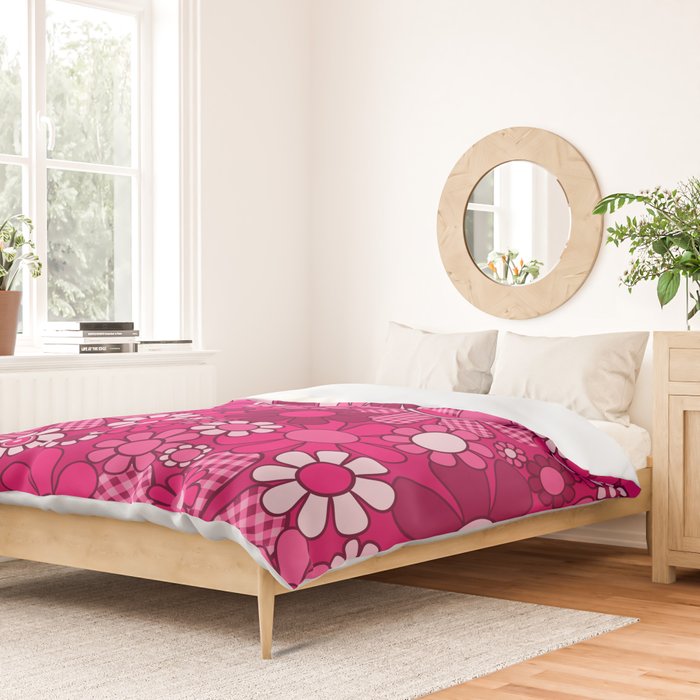 Retro Garden Gingham Flowers Hot Pink Magenta Abstract Floral Pattern Duvet Cover Gallery Image 2